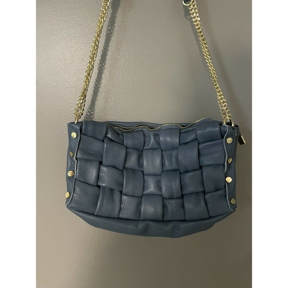 Valentina Fiore Woven LEATHER BLUE Handbag Gold Chain Leather Strap ITALY NWT - Picture 3 of 12